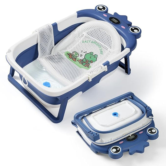 Baby Bathtub,Collapsible Baby Bath Tub with Soft Cushion & Thermometer, Space Saving Foldable & Travel Newborn Bathtub for Infant to Toddler 0-36 Months, Frog Blue