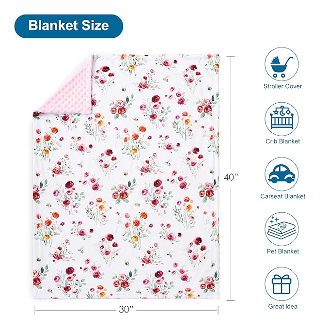 HOMRITAR Baby Blanket for Boys Girls Super Soft Minky Blanket Double Layer Dotted Backing, Receiving Blanket wtih Pink Floral Design 30 x 40 Inch