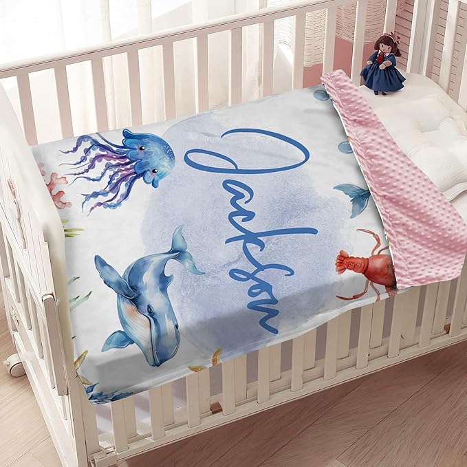 Custom Sea Animals Baby Blanket with Name, Personalized Baby Name Blanket for Toddler Infant, Double Layer Receiving Swaddle, Customized Gifts for Newborn Shower Birthday Expect Mom(60"x80")