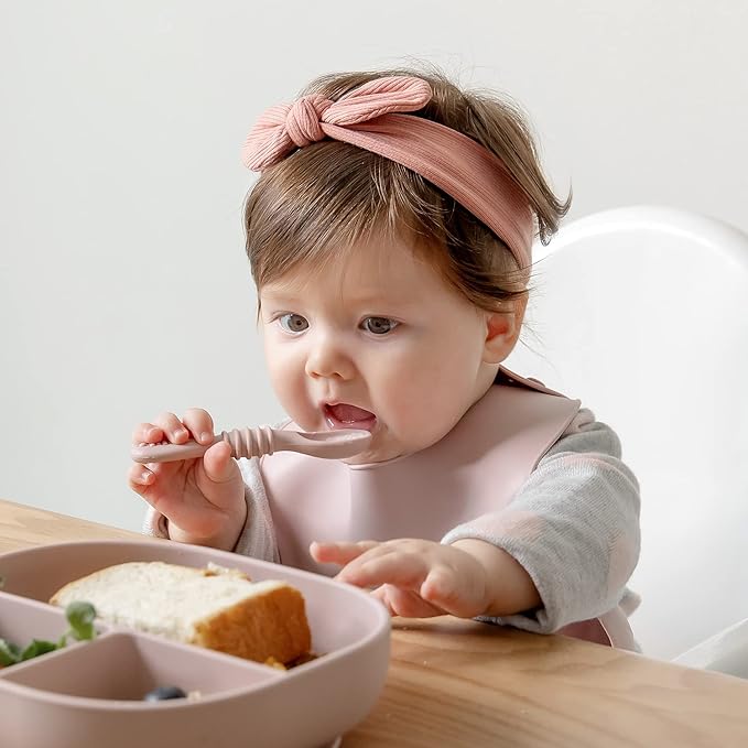 SAMiGO Silicone Baby Utensils - Self Feeding Spoons and Tiny Training Cup - First Stage Baby Led Weaning Supplies for 6 Months+ Infants - Set of 4