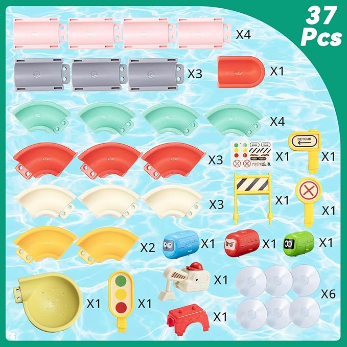 Car Slide Bath Toys for Kids Ages 4-8, Wall Track Building Set for 3-5 Year Old, Fun DIY Kit Bathtub Time Birthday Gift for Toddler Boys & Girls (37 PCS)