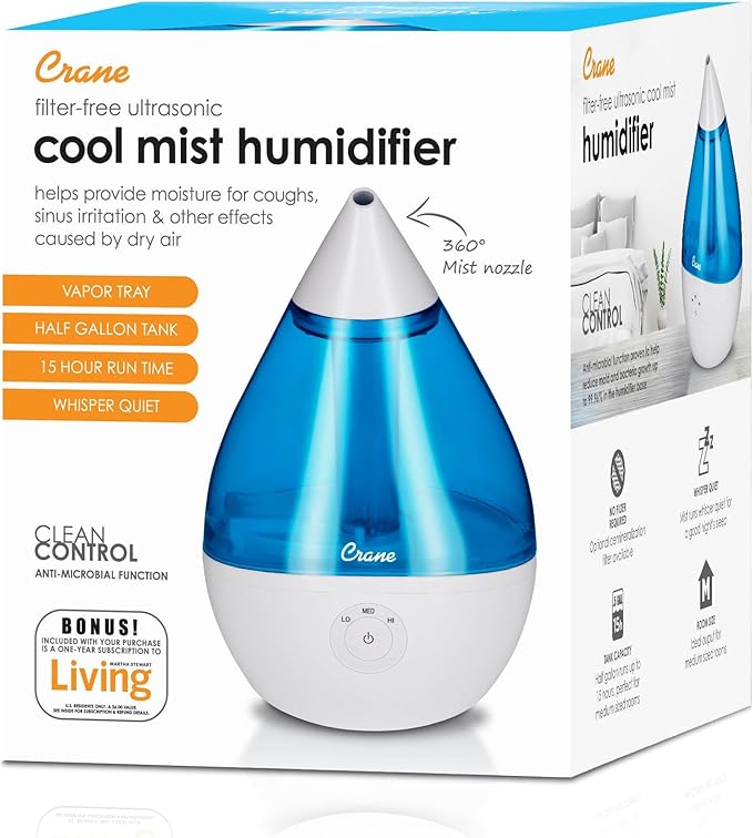Crane Droplet Ultrasonic Teardrop Cool Mist Air Humidifier, 0.5 Gallon for Bedroom and Office, Blue and White, Nursery Humidifier