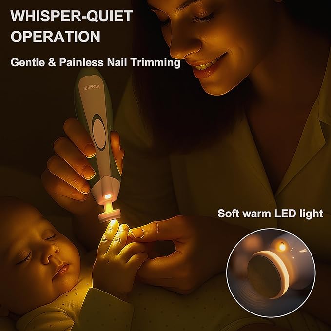 Fansidi Baby Nail Trimmer Electric – Limited Forest Serenity Green, Gentle Baby Nail File Electric| 10 Grinding Heads + 8 Replacement Pads| Quiet LED |Baby Nail Clippers for Newborn Infant Toddler