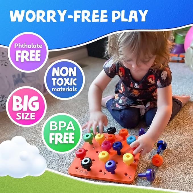Skoolzy Montessori Sensory Pegboard 33 Piece Set - Develop Sensory Play Occupational Therapy STEM Learning Educational Toys for Kids 2+ - Includes Foam Board, Lacing String, Dice, Storage Bag, eBook