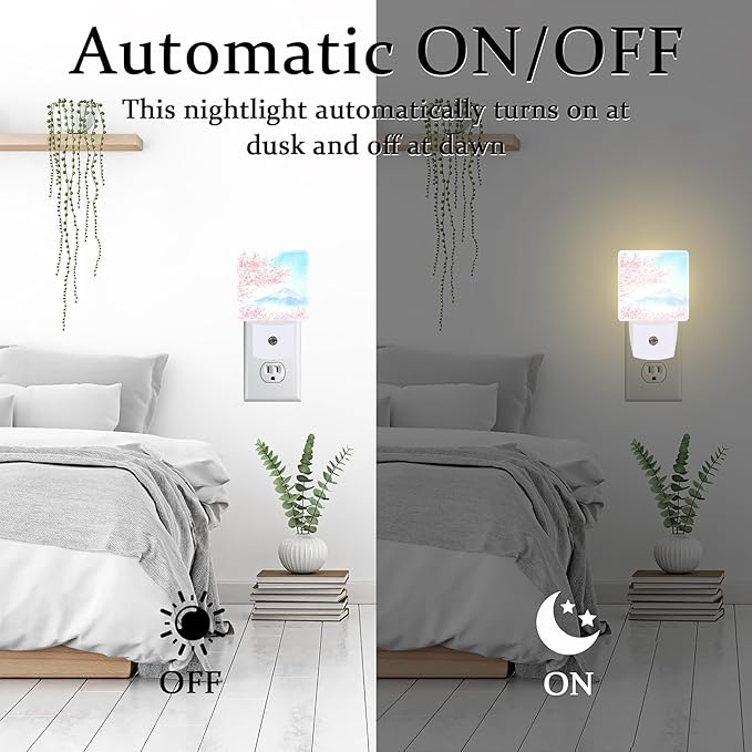 Cherry Blossoms with Mountain Fuji Night Light Plug into Wall, Watercolor Pink Flowers Dusk to Dawn Night Light,0.5w Energy Saving Sleep Friendly Nightlights for Kids Boys Girls Home