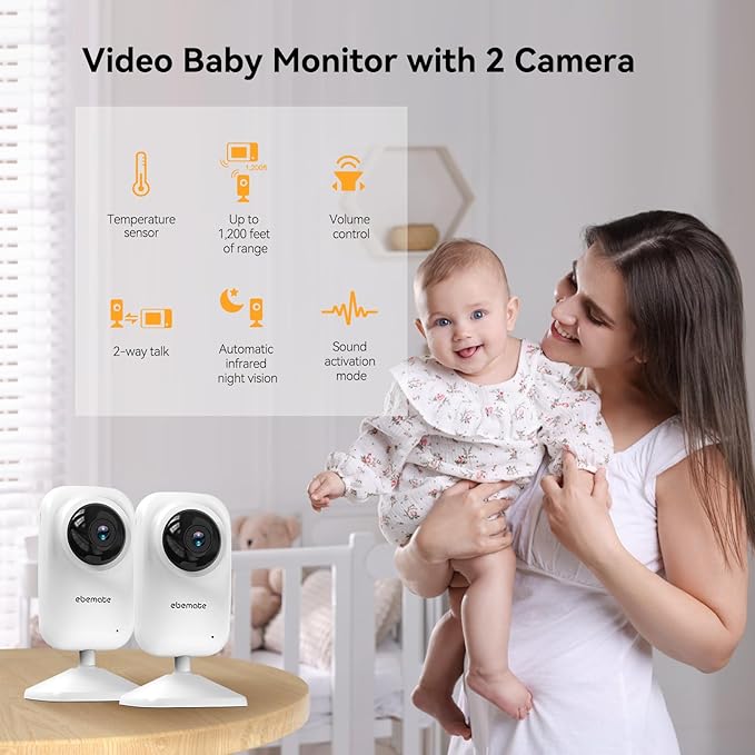 ebemate Video Baby Monitor with Two Camera, 2.8" LCD Screen with 2-Way Talk Cam Monitor and 5 Soothing Lullabies Baby Monitoring EB29-2