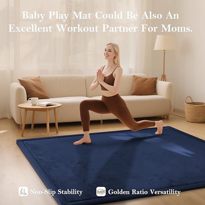 Baby Play Mat for Floor, 1.3"Thick Extra Large Cushioning Memory Foam Playpen Mat, Soft Coral Velvet Baby Crawling Mat with Non-Slip Backing for Toddlers,Infants,Kids,Yoga Mat (Dark Blue 59"×79") ﻿