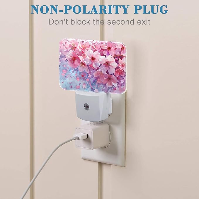 Watercolor Cherry Blossom Night Light Cherry Blossom Nightlight Plug into Wall with Dusk to Dawn Sensor for Kid Girls Boys Women Men Room, Hallway, Kitchen, Bathroom, Stairs Decor