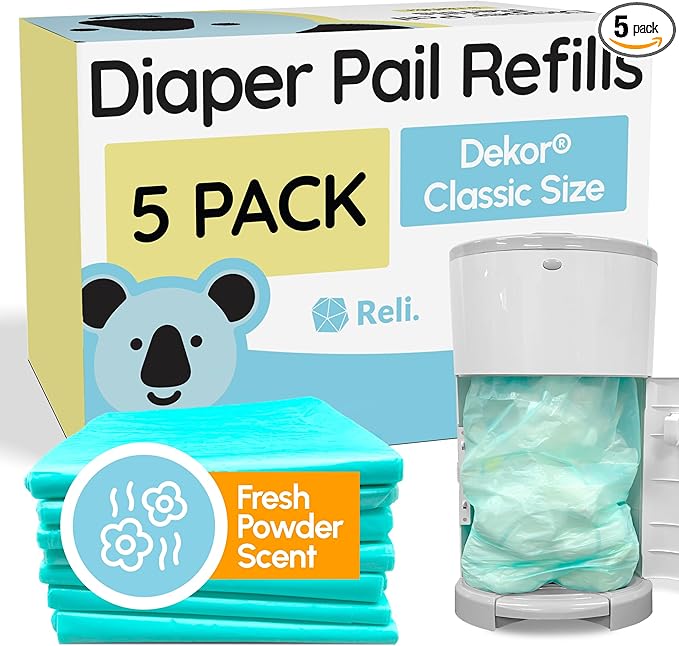 Reli. Diaper Pail Refill Bags, Compatible with Dekor Classic (5 Pack) | Diaper Dekor Refills w/Powder Fresh Scent | Odor Blocking, Strong, Easy Replacement Bags | Holds up to 2475 Diapers