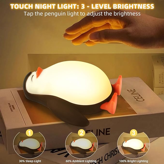 Tcamp Cute Penguin Night Light for Kids, 3 Level Dimmable Nursery Nightlight Lamp, Cute Silicone Squishy Lighted Penguin Tap Light, Rechargeable Bedside Touch Lamp for Toddler Baby