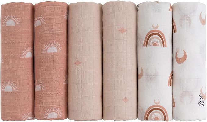 GLLQUEN BABY Receiving Blanket Boy Cotton Muslin Swaddle Blankets Girl Newborn Squares Breathable & Soft Thin Baby Blankets Cloths Double Absorbent Infant Swaddling Wrap - 6 Pack (Sun)