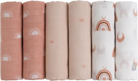 GLLQUEN BABY Receiving Blanket Boy Cotton Muslin Swaddle Blankets Girl Newborn Squares Breathable & Soft Thin Baby Blankets Cloths Double Absorbent Infant Swaddling Wrap - 6 Pack (Sun)