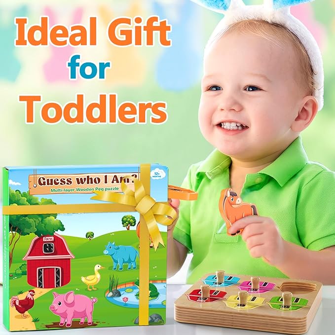 Wooden Puzzles for Toddlers 1-3 : Farm Animal Peg Puzzles, Preschool Learning Activities, Toddler Toys Age 1-2, Montessori Toys for 1 2 Year Old Boy Girl Christmas Birthday Gift
