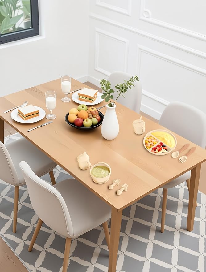 Silicone Baby Feeding Set 9 Pcs, Spill-Proof Suction Plate, Bowl, Bib, Silicone spoon&forks, Wooden Spoons&forks, Training cup with straw and Sippy Cup, Baby Eating Utensils (Beige)