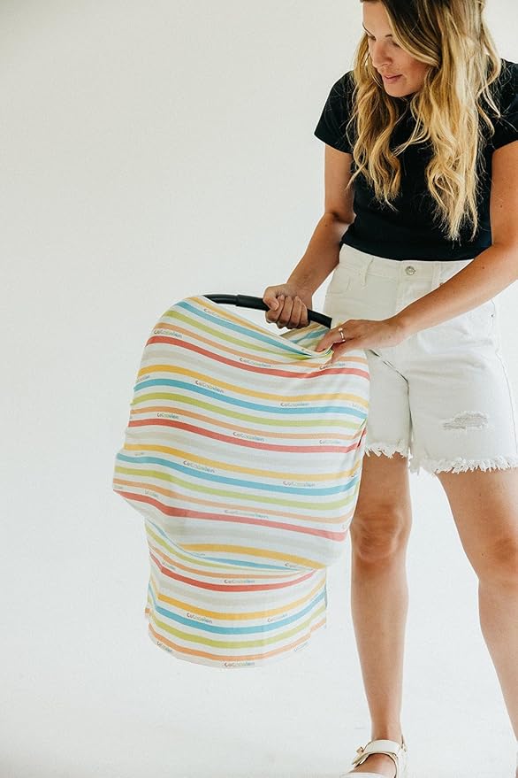 Copper Pearl Baby Car Seat Cover Canopy and Nursing Cover Multi-Use Stretchy 5 in 1 Gift 'CoComelon Stripe' - One Size