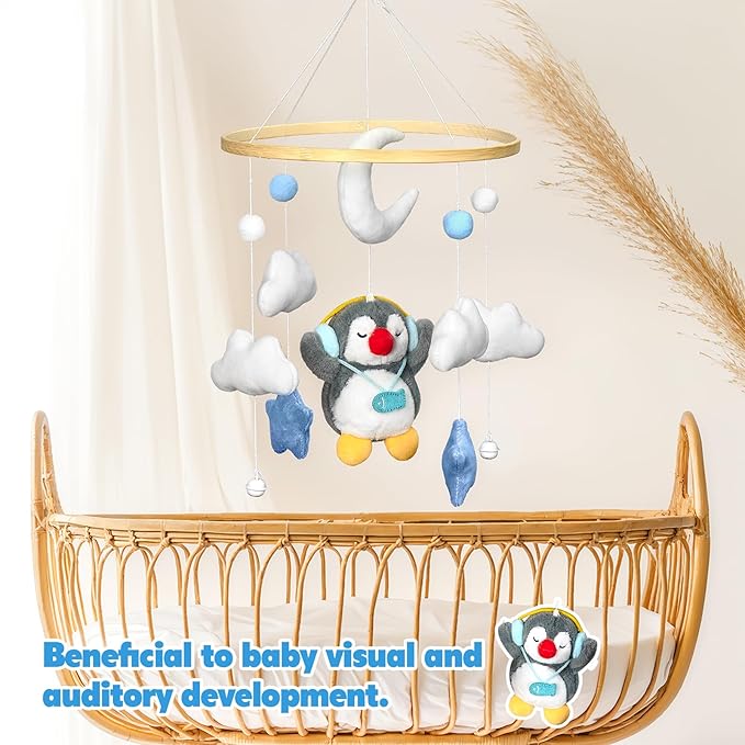 Baby Crib Mobile - Penguin Mobile for Crib, Handmade Furry Nursery for Boys and Girls, Baby Bassinet Mobile Toy - Shower Set for Infant Bedroom Hanging Decoration