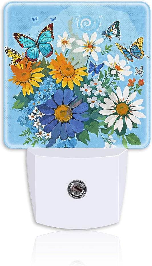 Blue White Yellow Flowers Night Light,Flutter Butterflies Plug-in Night Light Auto Dusk-to-Dawn Sensor Energy Efficient LED Lamp for Room Decor,Hallway,Kitchen,Bathroom,Nursery,Stairs