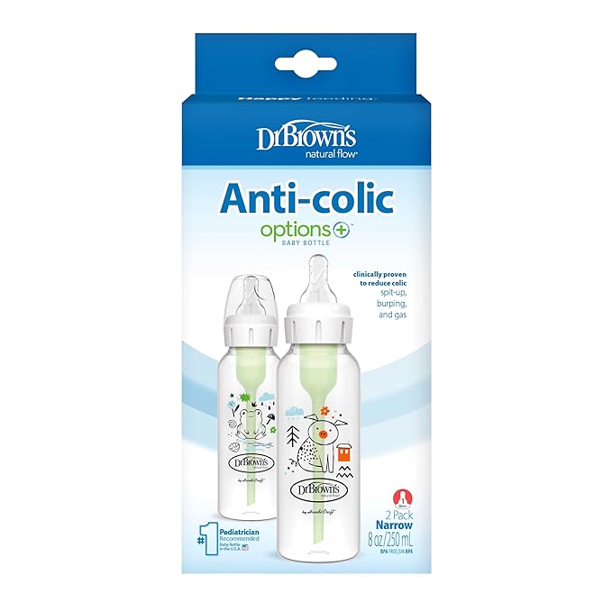 Dr. Brown's Natural Flow Anti-Colic Options+ Narrow Baby Bottle, Pig & Frog, 8 oz/250 mL, with Level 1 Slow Flow Nipple, BPA Free, 0m+, 2-Pack