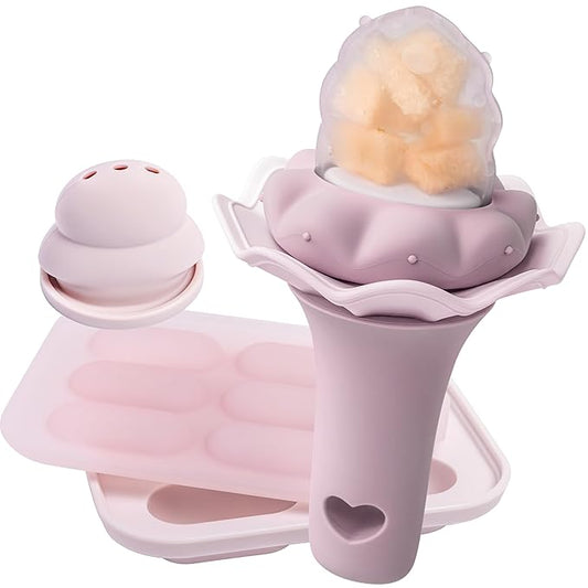 Moonkie Baby Fruit Feeder with Freezer Tray, BPA Free Silicone Food Feeder for Infant Self Feeding, Breastmilk Popsicle Molds, Mesh Feeder with Two Pouches, Baby Shower Gifts 4 Months+, 1 Pack