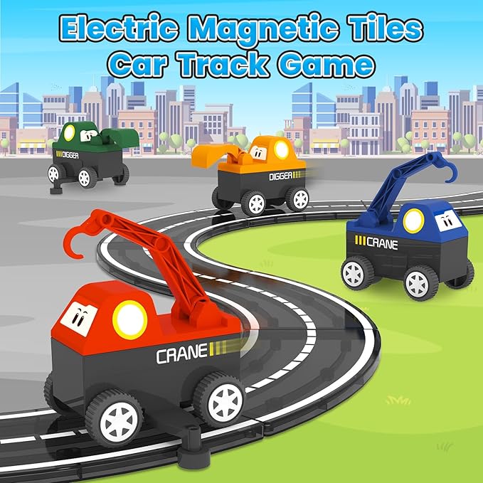 Magnetic Tiles Truck Toddler Toys 3 4 5 Year Old Boys Girls, Magnetic Blocks Electric Engineering Vehicle - 2 Car Bases and 4 Car Bodies. Compatible with Traversable on Magnet Roads.