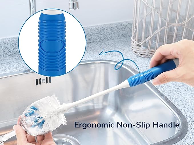 Bottle Brush Cleaner, Long Handle Bottle Brush with Dual Bristles for Water Bottles, Glassware, Mugs, Sports & Baby Bottles Cleaning, Blue 3 Pack