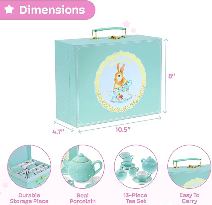 Jewelkeeper 13 Piece Toddler Porcelain Tea Party Set - Exquisite Tea Cup Set for Kids - Includes Sugar Bowl, Creamer, Saucers in a Carrying Case - Turqouise Polka Dot