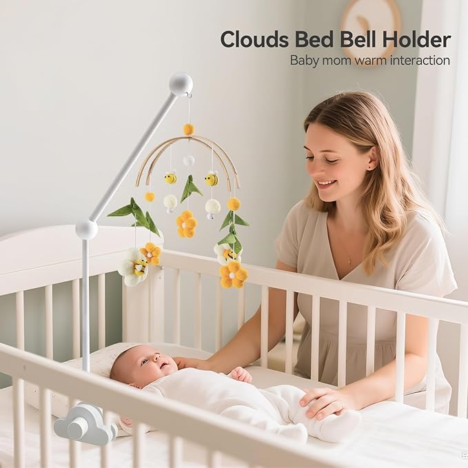 OESSUF Baby Crib Mobile Arm, 27 Inch Wood Hanger, White Cloud Design, Nursery Mobile Holder for Cot Bed (White)