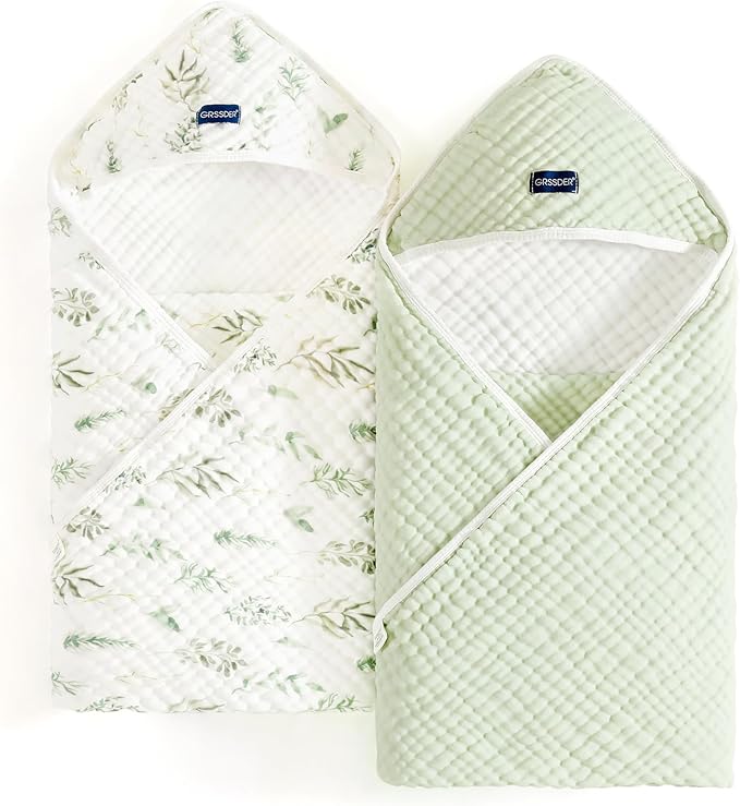 GRSSDER Ultra Soft Absorbent Muslin Cotton Baby Hooded Towel 2 Pack with Original Patterns, Extra Large Size 35"x 35" Swaddle Wrap for Newborn Infant and Toddler