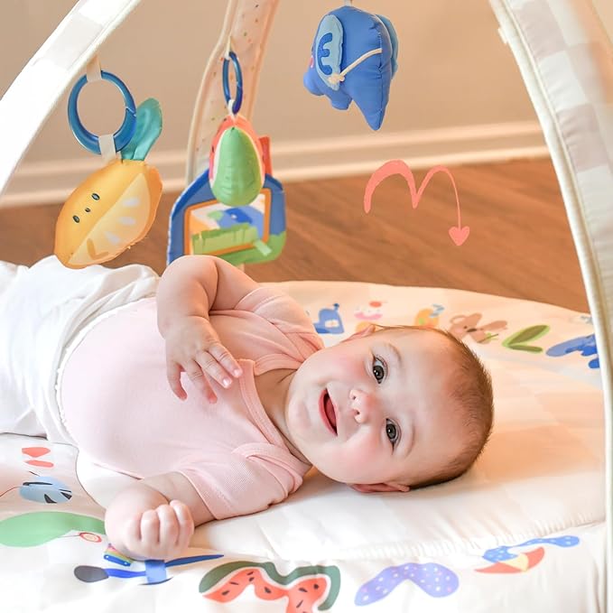 Baby Play Gym & Activity Mat with Light-up Musical Arch, Tummy Time Mat with 6 Detachable Sensory Toys for Motor Skills & Sensory Development, Baby Essentials Shower Gift - ABC123