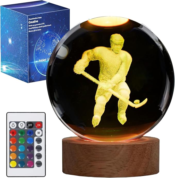 Hockey Night Light, Ice Hockey Gifts, Hockey 3D Crystal Ball Night Light with Remote Upgraded 3.15 Inch Lamps with 16 Color for Birthday Xmas Cool Figurines Gifts for Room Decor Boys Girls