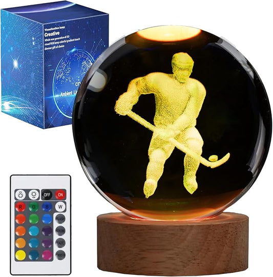 Hockey Night Light, Ice Hockey Gifts, Hockey 3D Crystal Ball Night Light with Remote Upgraded 3.15 Inch Lamps with 16 Color for Birthday Xmas Cool Figurines Gifts for Room Decor Boys Girls