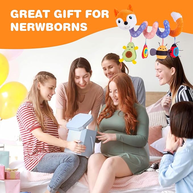 Jollybaby Crib Stroller Car Seat Toys for Baby 0-3-6-9-12 Months, Tummy Time Hanging Sensory Toys for Newborn with Music Box and Teether, Spiral Carseat Toy for Infant Boys Girls Gift (03-Orange Fox)