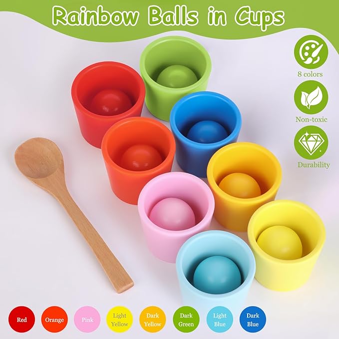Rainbow Balls in Cups Toddler Montessori Toys - Color Sorting Toys for Toddlers for 3 Year Old Up, Learning Color Sorting and Counting, Kids Preschool Wooden Matching Games (8 Balls, 1.4 in)