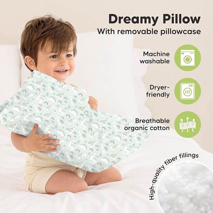 Toddler Pillow with Pillowcase - 13x18 My Little Dreamy Kids Travel Bed Pillows for Sleeping, Organic Cotton Small Pillowcase, Soft & Breathable, Machine Washable, Toddlers 2-5 Years Old (DinoBloom)