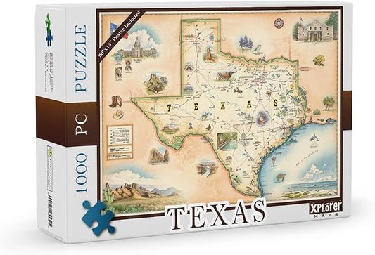 Texas State Map Cardboard Jigsaw Puzzle - 1000 Pieces, Hand-Illustrated - Educational, Family Activity, Ages 7+, Includes Poster - 25.4 x 19.8