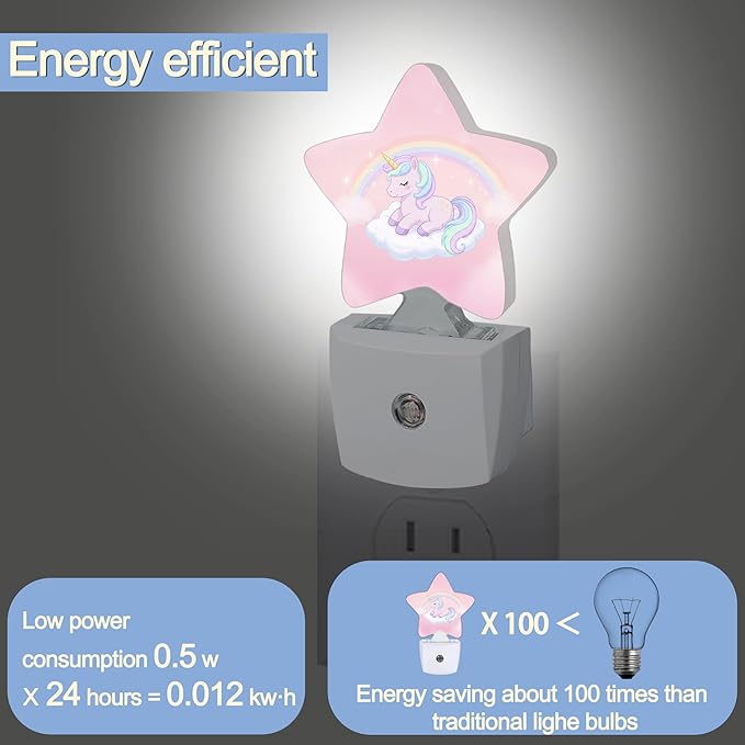Rainbow Unicorn Dusk to Dawn Star Night Light,Cute Pink Sky Smart Sensor Nightlight for Bedroom Kitchen Hallway Stairs,Plug-in Energy Efficient Decor Desk Lamp Women Men Gifts