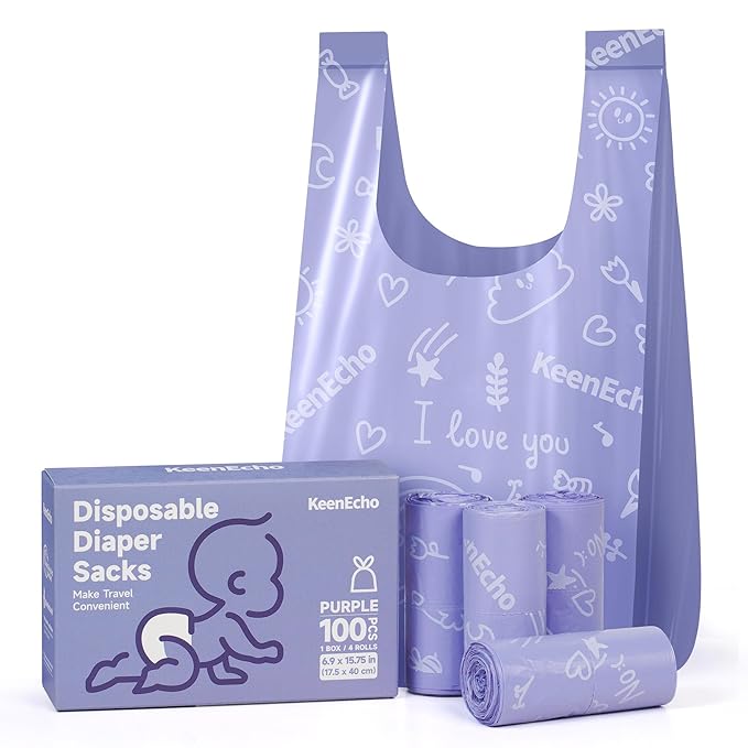 Disposable Diaper Bags with Handles 100 Count (4 Rolls), Unscented Leak-Proof Diaper Trash Bags & Sacks or Pet Waste Bag, Ocean Recycled Plastic