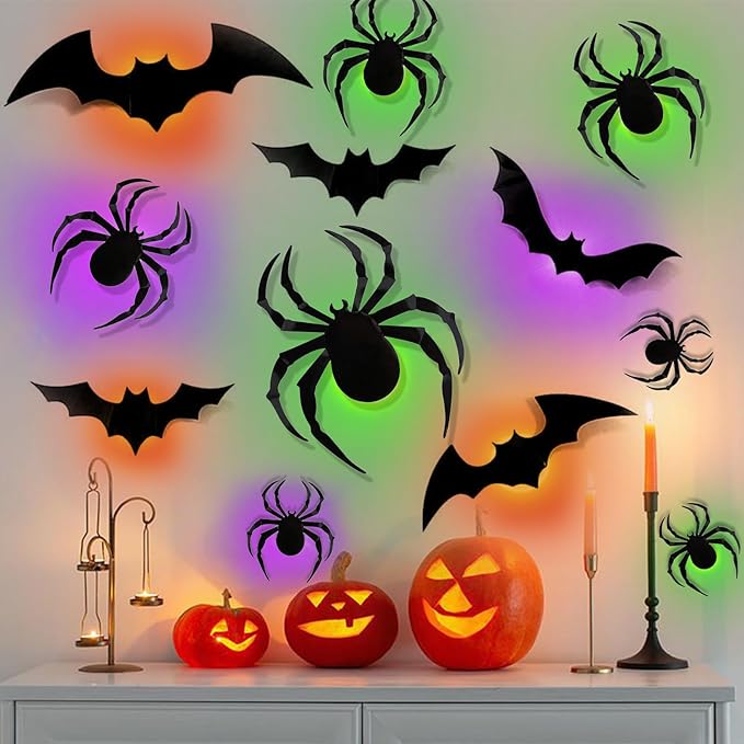 36 Pcs Halloween Wall Decor 3D Led Bats Spiders Wall Stickers Removable Light Up Spiders Bats Decals for Indoor Outdoor Window Door Halloween Party Decorations