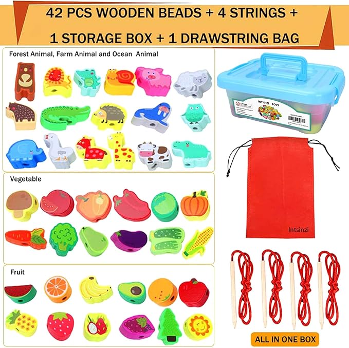 46 PCS Montessori Wooden Lacing Beads Toys for Toddlers,Educational Stringing Animals Fruits Farm Threading Beads Preschool Learning Toys for Kids 3 4 5 6 Year Old Boys Girls…