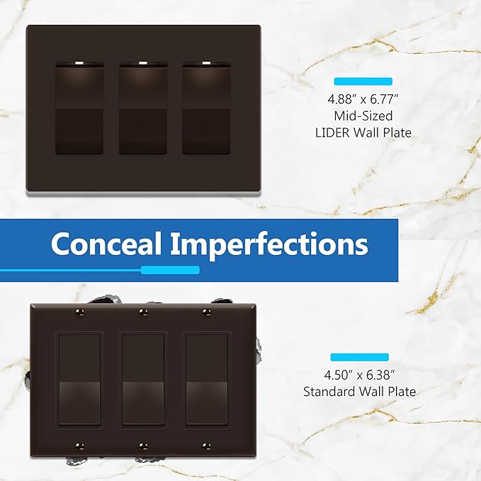 LIDER Matte Finish Decorator Switch Cover, Screwless Wall Plate, Mid-Size 3-Gang 4.88" x 6.77", Unbreakable Polycarbonate Thermoplastic, UL Listed, LSWP-33M-BR, Brown