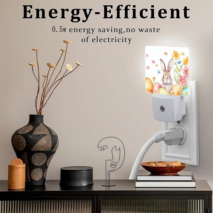 Cute Easter Bunny and Eggs Night Light, Easter Rabbit and Flowers Dusk to Dawn Night Light Plug in, 0.5w Energy Saving Sleep Friendly NightLight for Kids Boys Girls Home Decor