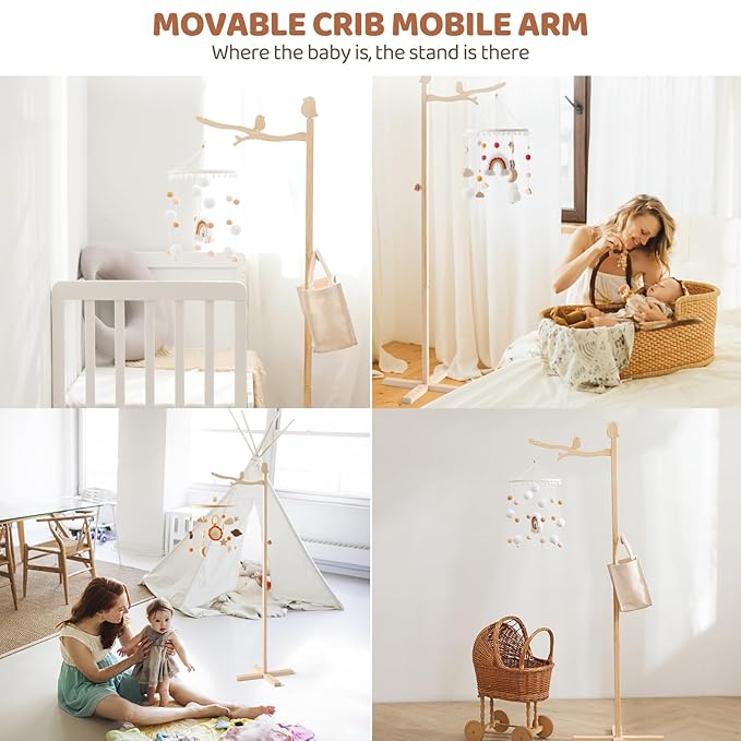 Floor Standing Crib Mobile Arm 57.8 Inch Wooden Baby Mobile Arm for Crib Movable Baby Mobile Hanger with Hook Anti-Dumping Baby Mobile Holder Floor Stand Nursery Decor
