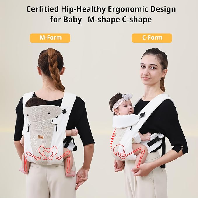 CUBY Newborn Baby Carrier with Head Support and Sunshield, Breathable & Adjustable Newborn Toddler Front Baby Carriers Sling, Hands-Free Newborn Carrier up to 40lbs(White, Classic-with Inner Crotch)
