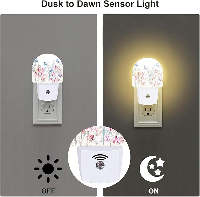 Pink Tulip Flowers and Butterflies Night Light Plug into Wall,Watercolor Spring Floral Dusk to Dawn Night Light Plug in,0.5w Energy Saving Sleep Friendly NightLight for Kids Boys Girls Home Decor