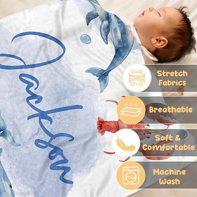 Custom Sea Animals Baby Blanket with Name, Personalized Baby Name Blanket for Toddler Infant, Double Layer Receiving Swaddle, Customized Gifts for Newborn Shower Birthday Expect Mom(60"x80")