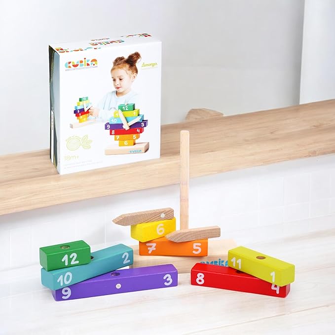 CUBIKA Wooden Clock Construction Kit – Montessori Stacking Toy for Toddlers Ages 3+ – Made from Natural Wood with Water-Based Paints – Travel-Friendly Educational Gift for Boys & Girls