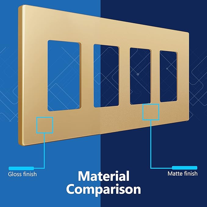 LIDER Matte Finish Decorator Switch Cover, Screwless Wall Plate, Mid-Size 4-Gang 4.88" x 8.58", Unbreakable Polycarbonate Thermoplastic, UL Listed, LSWP-34M-GD, Gold