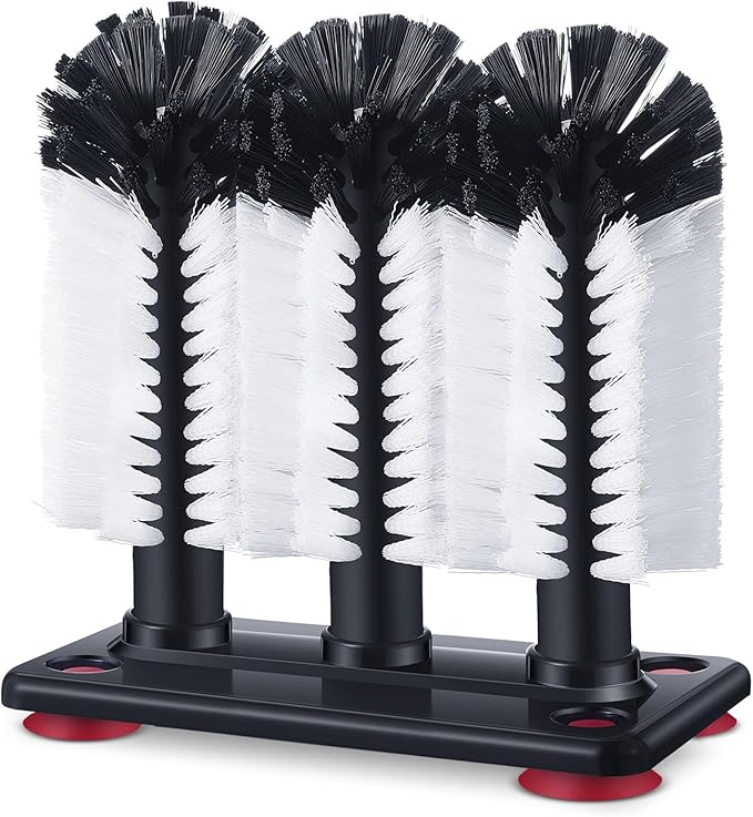 Havawish 1 Pack Water Bottle Cleaning Brush with Suction Base, 3 Head Bristle Bar Glass Washer for Sink, Cup Washer Brush Cleaner for Bar Beer Cup, Wine Glass(7.3 x 3.7 x 7.5)