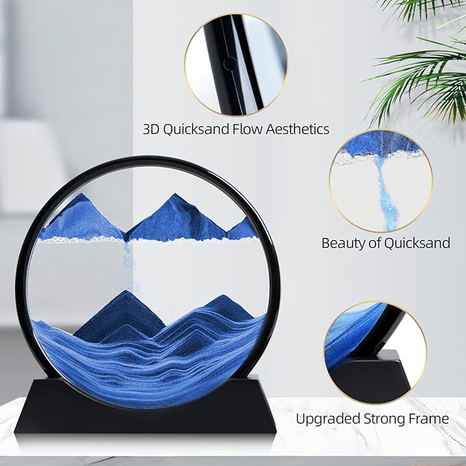 Moving Sand Art Liquid Motion, 3D Deep Sea Sandscape Color Quicksand Decor, Round Glass Moving Sand Art Picture Relaxing Desktop Home Office Work Decor (Blue, 12 inch)