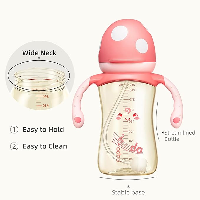 YOHKOH Natural PPSU Baby Bottle with Natural Response Nipple, Newborn Anti-Colic Baby Bottles with Handle, Wide Neck Mushroom Cap Baby Bottle (8.8oz (Pack of 4), Red1)